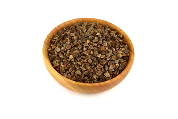 Buckwheat Sprouting (in-Hull) Raw Seed in a Bowl. Isolated on White Background.