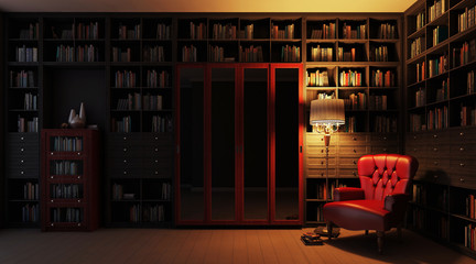 Home library night view 3d rendering