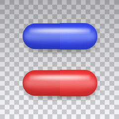 Medicaments top view vector of a red and blue oval pill on transparent background.