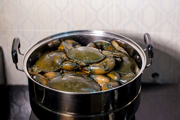 Steamed crab in pot.  live crabs in a pot. steaming shanghai hairy crabs, chinese cuisine. Steamed...