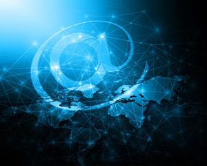Obraz premium World map on a technological background, glowing lines symbols of the Internet, radio, television, mobile and satellite communications.
