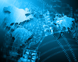 World map on a technological background, glowing lines symbols of the Internet, radio, television, mobile and satellite communications.