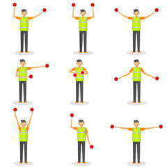 Set of illustrations of a special worker in reflective clothing showing signals for the aircraft.