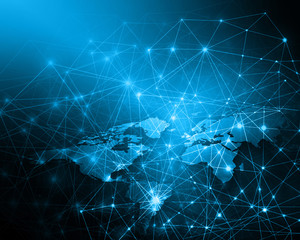 World map on a technological background, glowing lines symbols of the Internet, radio, television, mobile and satellite communications.
