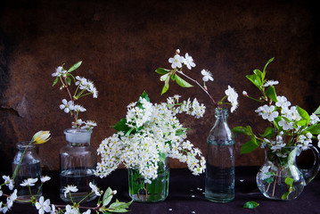 Spring flowers in glass bottles in glass bottles against vintage dark wooden background