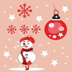 Christmas snowman isolated on blue background. Vector illustration. Hand drawn character, Winter card