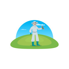 Beekeeper collects honey from bees in nature. A beekeeper in a protective suit against bees with a can of honey in the village.