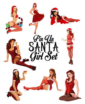 Set of Christmas pin up style girls. Vector illustration