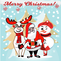 Santa With Snowman and Reindeer.Vector illustration. Hand drawn