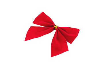 Single red textile bow with golden ring isolated on white background