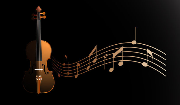 brown violin on black background with notes