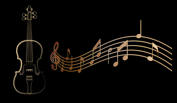 brown violin on black background with notes