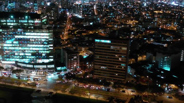 Aerial night view of Miraflores, Lima, Peru