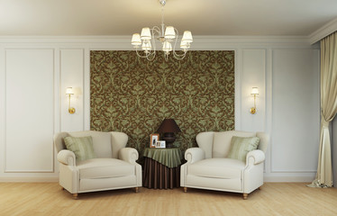 Classic interior with two armchairs andtable 3d rendering