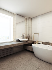 Fototapeta na wymiar Modern bathroom interior with washbasin and bathtub 3d rendering