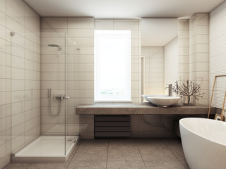 Naklejka na ściany i meble Bathroom interior with bathtub 3d rendering