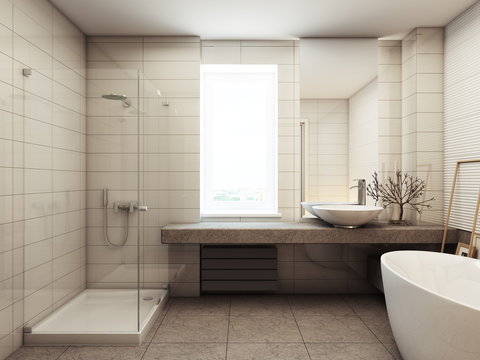 Bathroom interior with bathtub 3d rendering