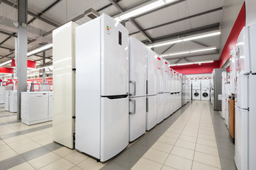 refrigerators and washing mashines in appliance store