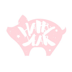Pig with lettering text Happy Year and stars on white background. Vector color sticker.
