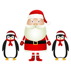 Santa Claus with penguins in caps and scarves