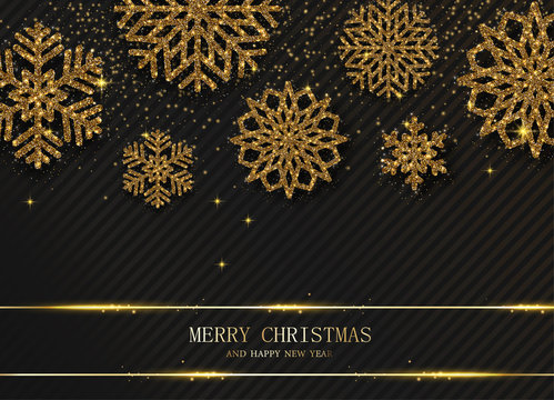 Merry Christmas and Happy New Year card with gold shiny snowflakes.