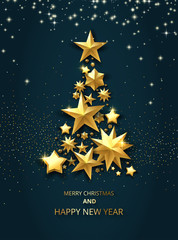 Christmas and New Year shiny card with golden abstract Christmas tree.