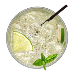 Vodka lemon or cocktail with straw from top view isolated on white background including clipping...