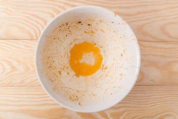 dirty bowl on a wooden background