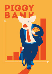 Pig businessman with coin, metaphor piggy bank