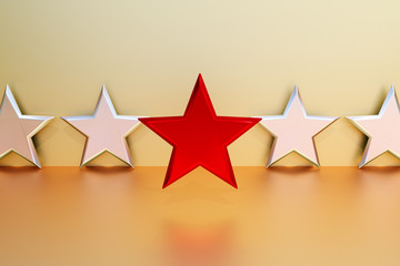 Red star in focus. Golden background. Symbol for VIP or luxury. 3d rendering