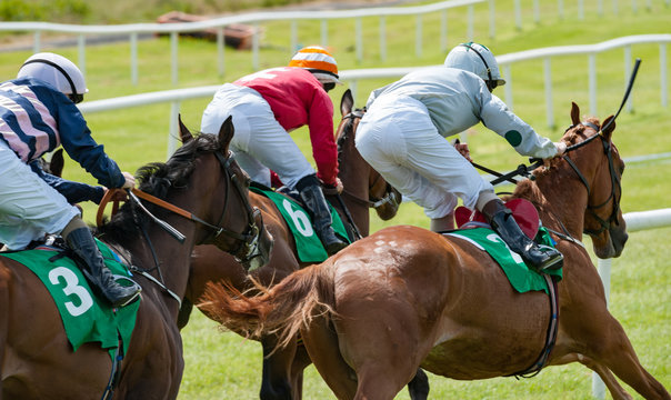 Group of jockeys and race horses racing on the track