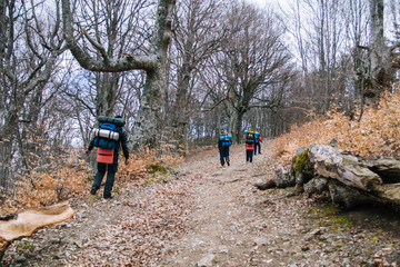 Obraz premium Hikers group trekking in Crimea, Ukraine mountains