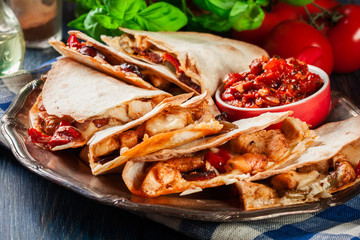 Mexican Quesadilla with chicken, sausage chorizo and red pepper