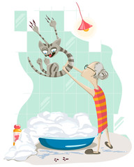 An elderly woman pulls a cat to bathe
