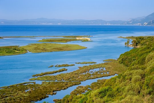 Ali Pasha fortress, mouth of the Vivar Canal, behind Corfu, Butrint National Park, at Saranda, Sarande, Ionian Sea, Qark Vlora, Albania, Europe