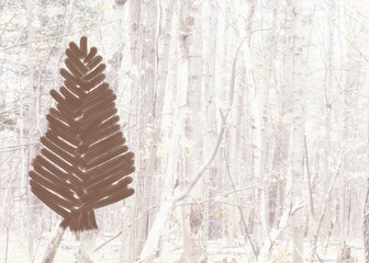 Country Christmas Tree in brown placed against an abstract photo of a forest; Christmas tree painted onto a background of a high-key forest