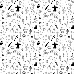 New Year and Christmas seamless pattern, hand drawn doodles Seamless Pattern. Background Vector Illustration