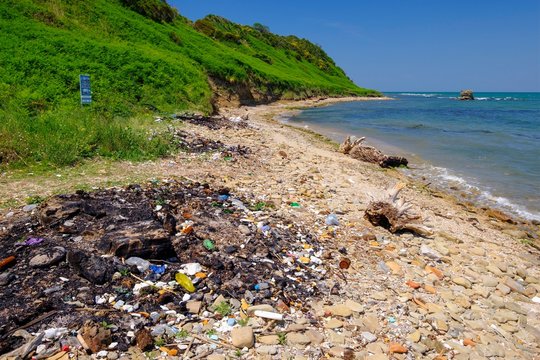 Garbage on the beach, Cape Rodon, Kepi i Rodonit, Adriatic Sea, municipality of Ishem, Durres, Durres, Albania, Europe