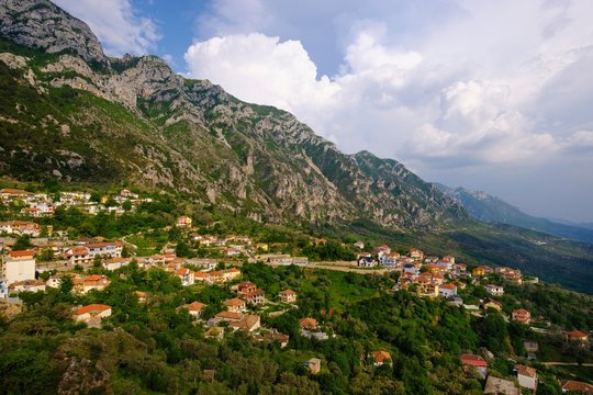Skanderbeg mountains with Kruja, Kruje, view from fortress, Durres Qark, Durres, Albania, Europe