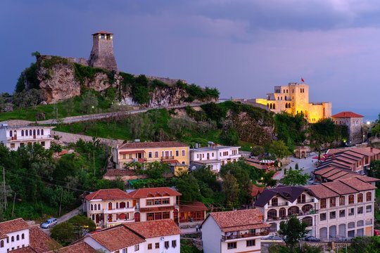 Fortress and Skanderbeg Museum, Dusk, Kruja, Kruje, Durres Qar, Durres, Albania, Europe