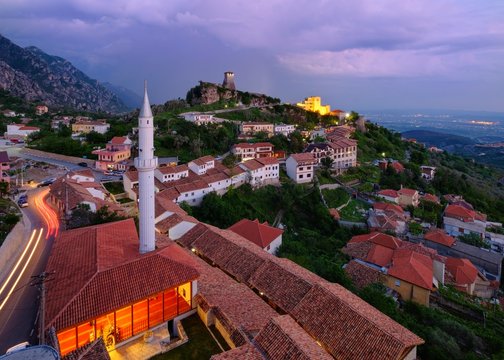 Bazaar Street, Bazaar Mosque (Xhamia e Pazarit), Fortress and Skanderbeg Museum, Dusk, Kruja, Kruje, Durres, Durres, Albania, Europe