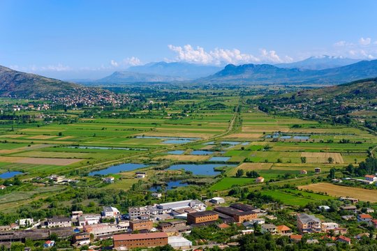 Fish ponds and railroad tracks, Zadrima plain at Lezha, Lezhe, Qar Lezha, Albania, Europe