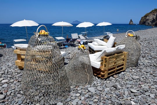 Beach cafe at Canneto, Lipari, Lipari or Aeolian Islands, Sicily, Italy, Europe