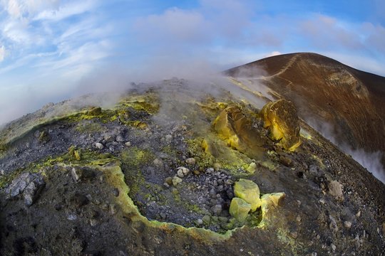 Sulfur fumaroles and chloride crusts on the crater rim, Gran Cratere, Vulcano Island, Aeolian and Lipari Islands, Sicily, Italy, Europe
