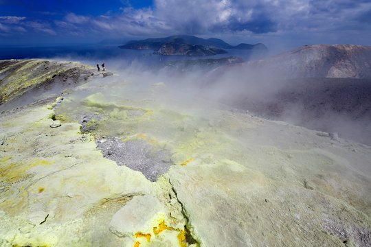 Sulfur fumaroles and chloride crusts on the crater rim, Gran Cratere, Vulcano Island, Aeolian and Lipari Islands, Sicily, Italy, Europe
