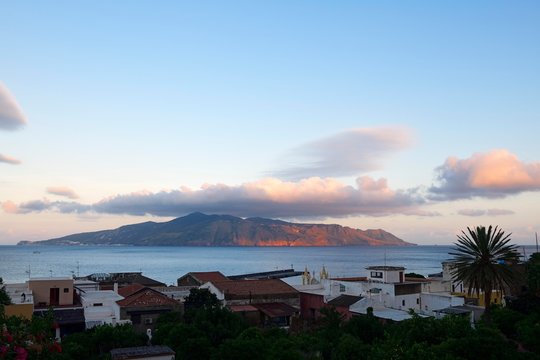View from the island Salina on Lipari, Lipari or Aeolian Islands, Sicily, Italy, Europe