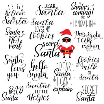 set of 14 santa hand lettering quotes to greeting card, banner, poster, calligraphy vector illustration