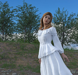Woman in a white dress in a rural setting