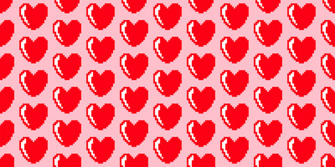 Background of red pixel hearts. Texture. Seamless.