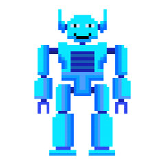 The robot is blue in pixels. Close-up. Isolated on white background. The vector image.